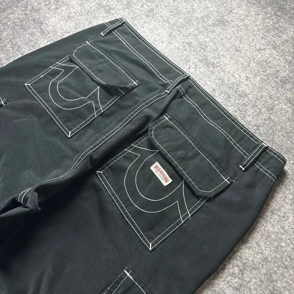 True Religion Men’s 36 Black Baggy Cargo Pants White Stitch Y2K Streetwear